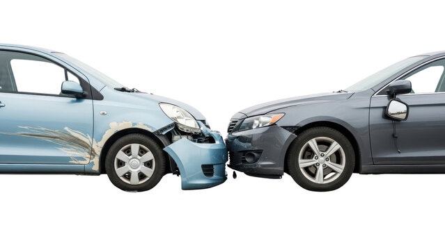 Car accident head-on collision on white background, damaged vehicles after road crash, auto insurance claim and traffic safety concept
