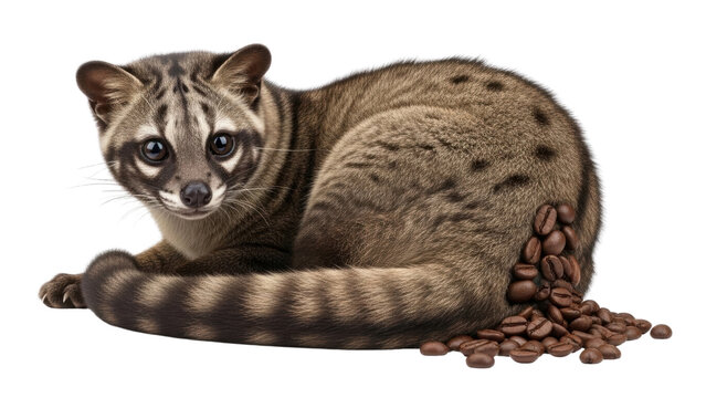 Asian palm civet with coffee beans on white background, kopi luwak production concept, wild civet cat and roasted coffee seeds
