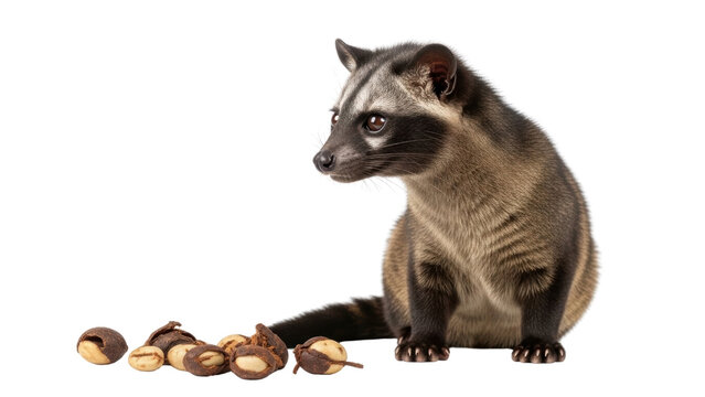 Asian palm civet with coffee beans on white background, wild luwak animal portrait, exotic mammal producing kopi luwak coffee