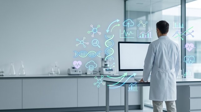 Scientist analyzing DNA data and molecular structures in modern laboratory, biotechnology research with holographic charts and graphs for genetic engineering and medical science