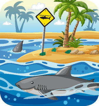 Cartoon Shark Swimming in the Ocean Near a Tropical Island Warning Sign