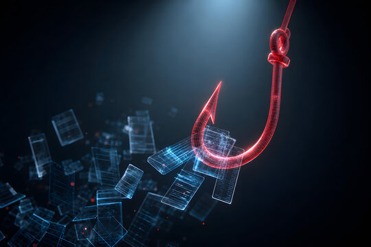 A phishing hook made of glowing red wireframe pulling translucent data packets