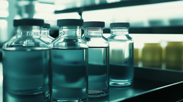 Pharmaceutical research and development involves numerous clear bottles filled with liquid on a shelf, showcasing a precise scientific process for healthcare and innovation