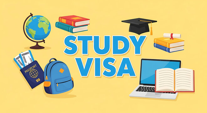 Study visa concept with globe books backpack and laptop on yellow background
