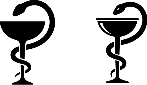 Medical Bowl of Hygieia symbols, pharmacy snake and chalice icons, black silhouette vector set for healthcare and pharmacological branding