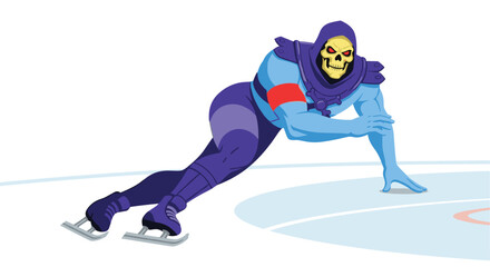 Fototapeta premium A muscular blue character with a skull face and purple armor performs a graceful ice skating move on a white rink with painted boundary lines.