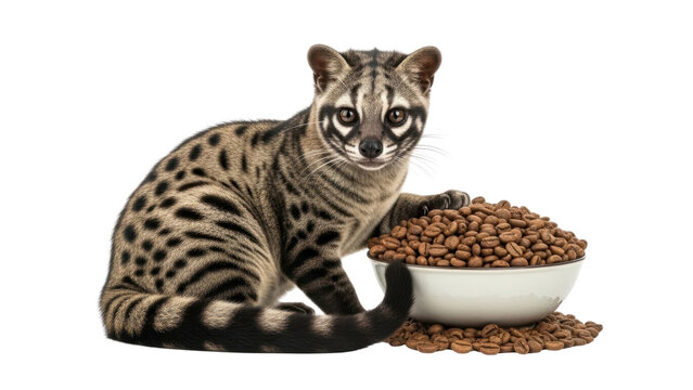 Asian palm civet with roasted coffee beans, luwak coffee production concept, exotic animal with coffee cherries on white background