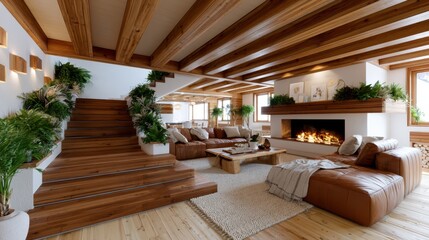 Naklejka premium Luxurious wooden chalet living room with fireplace and modern staircase