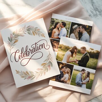 Wedding Photo Album With Celebration Cover And Natural Light Portraits On Fabric Background