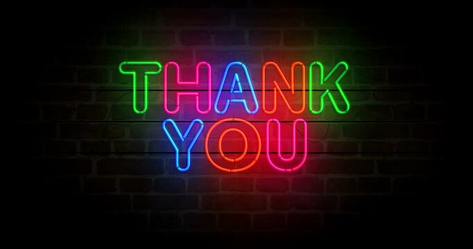 Thank you neon symbol on brick wall. Gratitude light color bulbs. Loopable and seamless abstract concept animation.