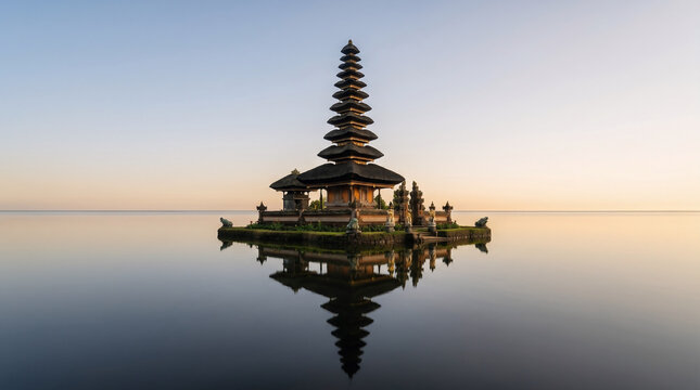 Iconic Balinese Hindu Temple Pura Ulun Danu Bratan with Perfect Reflection on Calm Lake at Sunrise
