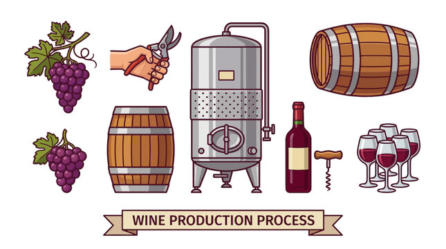 Visual guide to the winemaking process, illustrating grape harvest, fermentation tanks, aging barrels, and serving elements like bottles and glasses