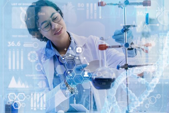 Young African-American female chemist working in laboratory. DNA research technology
