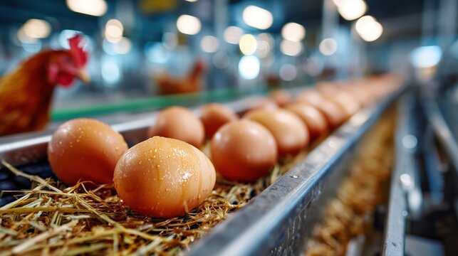 Brown eggs moving on an industrial conveyor in a bright processing plant with workers
