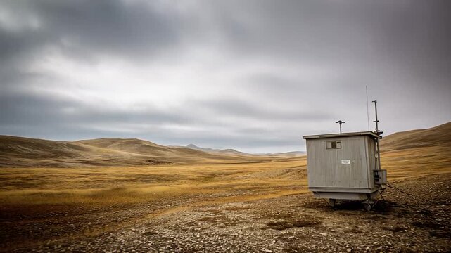 Remote arctic weather station standing on harsh tundra landscape, collecting environmental data under a cloudy sky, symbolizing isolation and scientific research in challenging conditions