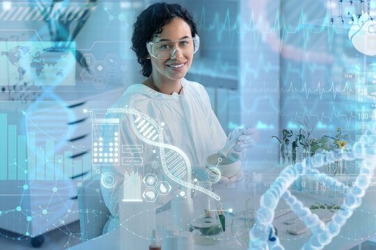 African-American female biologist with mortar working in laboratory. DNA research technology