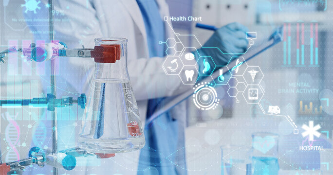 Scientist with flask of sample on stand in laboratory. DNA research technology