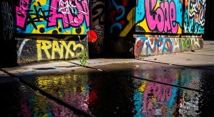 Obraz premium Red flower growing through cracked concrete beside colorful graffiti-covered utility boxes