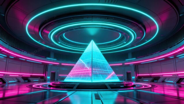 Futuristic room with glowing pyramid