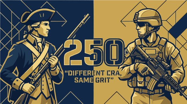 Patriotic US Army 250 Years Anniversary Illustration with Revolutionary War Continental Soldier and Modern Tactical Infantryman, Different Era Same Grit Military Vector Art