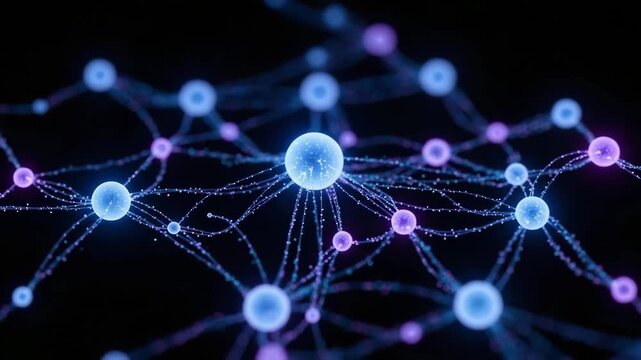 Abstract network of interconnected spheres in blue and purple colors  