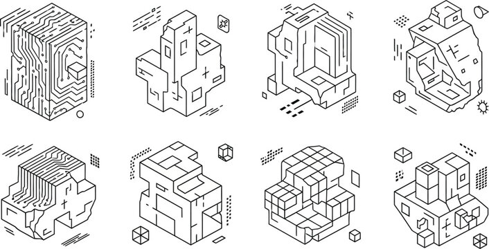 Isometric 3 d block structures, technical eight cube-shaped with lines and symbols blocks cubes