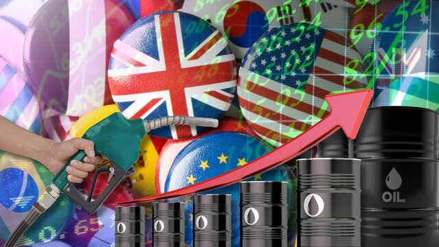 Oil prices have surged due to the volatile geopolitical relationship between major global powers. Illustrated by a financial chart, the UK, US, EU, and South Korean flags, a fuel nozzle, an oil drum