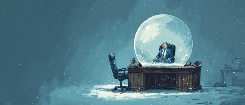 Snow globe holds a man at his desk