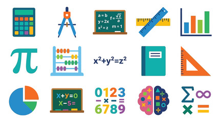 Fototapeta premium Collection of colorful flat icons representing mathematics and education concepts.