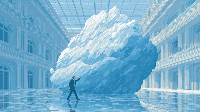 Lone figure stands before a colossal iceberg
