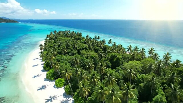 Aerial view of a tropical island paradise with palm trees and turquoise sea.