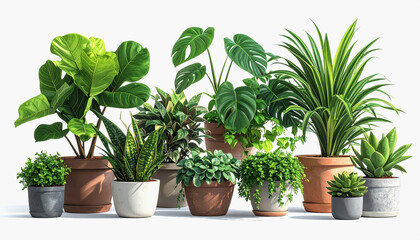Fototapeta premium Assortment of Potted Houseplants in Various Pots on White Background