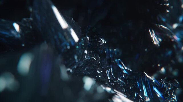 Intricate dark crystalline formations revealing iridescent light refraction and metallic shimmer, creating an abstract, textured background with a mysterious, sparkling effect