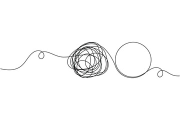 Obraz premium Modern chaos with circle messy tangle icon sign continuous one line drawing on white background mental and brainstorming thinking symbol vector illustration