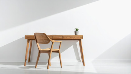 Fototapeta premium Wooden Desk and Rattan Chair in a Bright Room with Sunlight Shadows