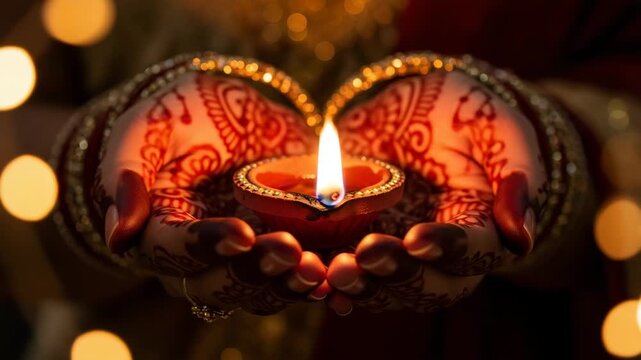 Close up of hands holding a lit clay diya lamp during Karwa Chauth festival