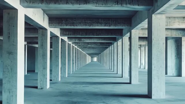 Concrete columns and beams form a repeating symmetrical corridor with strong perspective and vanishing point inside a vast, empty industrial building, minimal and geometric