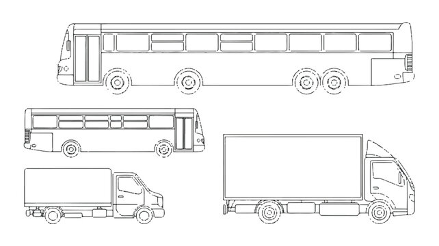 Detailed 2D floor plan layout showcases bus and truck designs from multiple angles