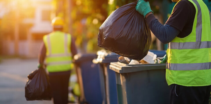 Municipal Waste Collector Carrying Heavy Black Trash Bag to Bin during Golden Hour, Everyday Urban Logistics and Environmental Cleanup Operation.