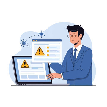 Flat vector illustration of a male professional in a blue suit and glasses reviewing cybersecurity warnings and virus alerts on a laptop computer screen with floating windows.