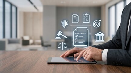 Obraz premium Corporate compliance and regulations concept, businessman checking legal checklist on tablet, law and justice icons, data protection, business ethics, governance strategy,