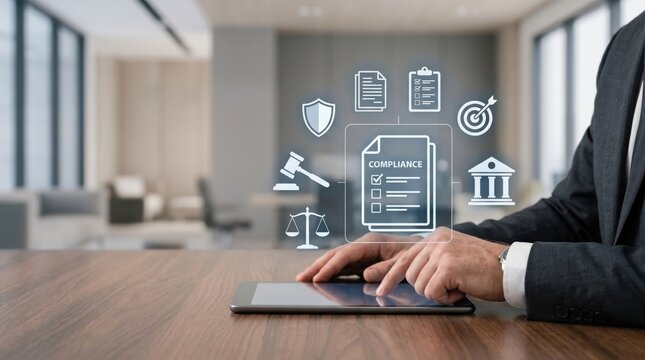 Corporate compliance and regulations concept, businessman checking legal checklist on tablet, law and justice icons, data protection, business ethics, governance strategy,