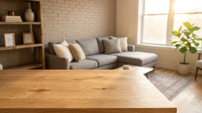 Modern living room interior background with blurred furniture, cozy home atmosphere featuring grey sofa, wooden table, brick wall and sunlight window, abstract empty space for
