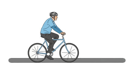 Fototapeta premium Vector illustration of a senior man wearing a safety helmet and blue shirt riding a blue bicycle on a grey path, side profile view of an active elderly male cyclist on white background