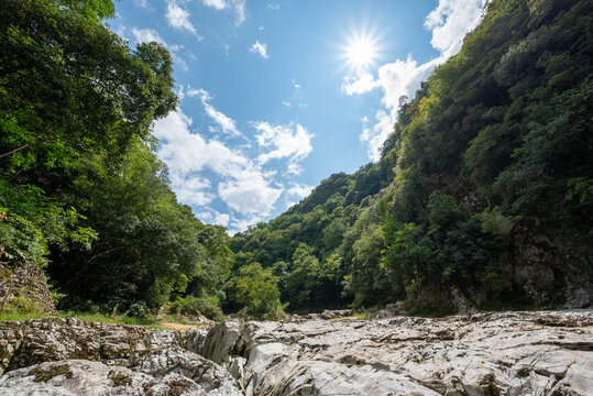 Bright Sunstar Over a Scenic Rocky Gorge and Lush Forest