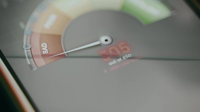 Financial credit score meter gauge indicating a Bad rating