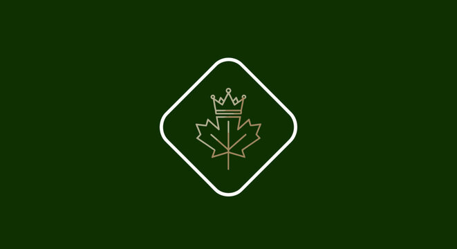 Elegant golden maple leaf and crown logo on green background