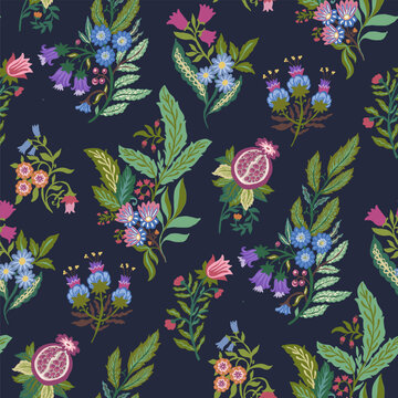 Navy Jacobean Floral Pomegranate Print