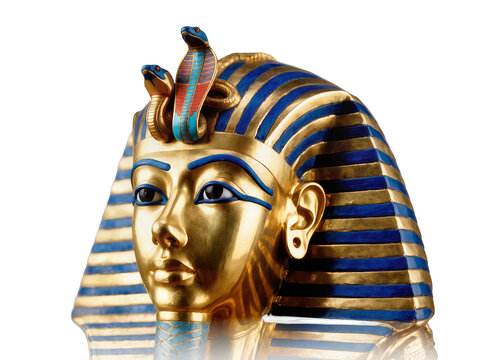 Isolated intricate golden and blue funerary mask of ancient Egyptian pharaoh Tutankhamun