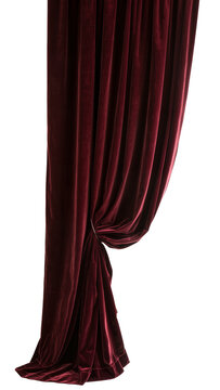 Isolated elegant luxurious red velvet curtain with graceful drapes and classic theatrical folds